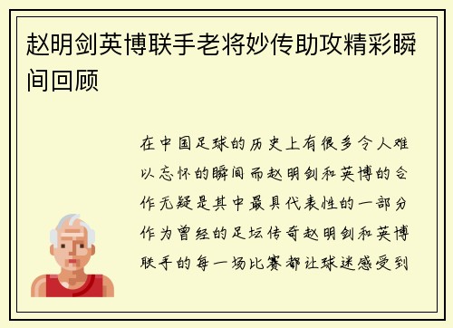 赵明剑英博联手老将妙传助攻精彩瞬间回顾